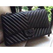 Chanel Classic Flap Bag Black Sheepskin Chevron Quilting A1113 Silver HV06816dX32
